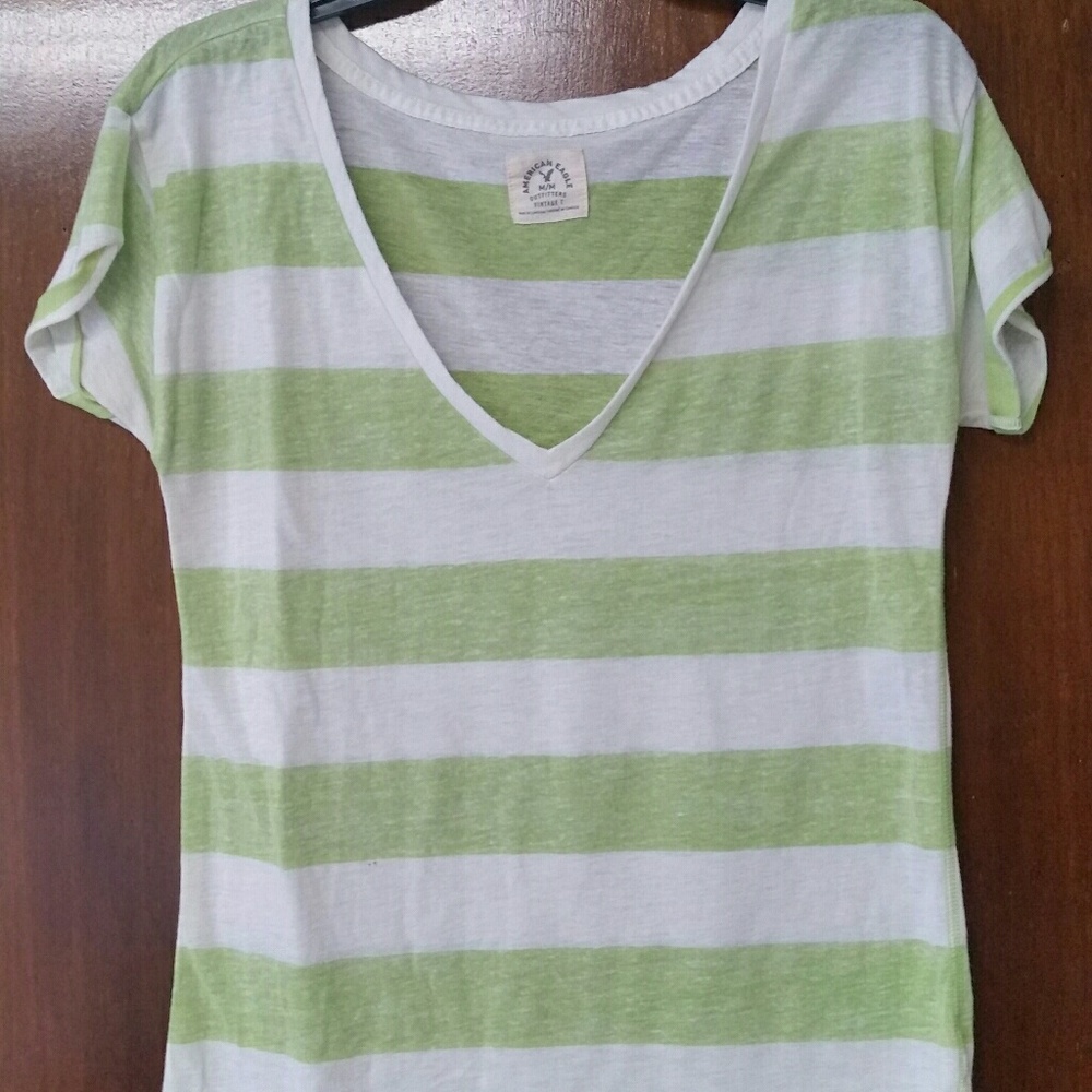 Lime Green & White Striped. AMERICAN EAGLE. V-Neck